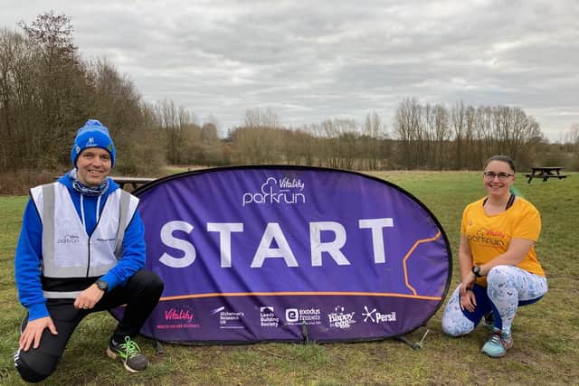 Co-organiser Liz Parkinson and volunteer helper Andy Nicholls before the start of Saturday's Melton Parkrun