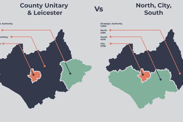 Two of the three devolution plans for Leicestershire and Rutland - the county council's favoured plan (left) and the option put forward by the district councils