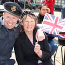 A couple celebrate at the VE Day street party in Melton Mowbray