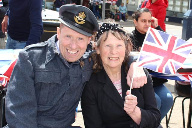 A couple celebrate at the VE Day street party in Melton Mowbray