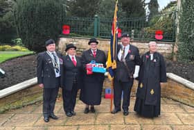 Members of the Melton Mowbray branch of the Royal British Legion, including Poppy Appeal organiser Danny O'Brien, with Rev Pat Olivent-Hayes, at the dedication service on Saturday