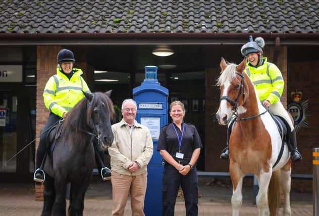 Police and Crime Commissioner, Rupert Matthews, and Mounted Volunteers Co-ordinator, PC Kelly Tones, with two of the new police horseback volunteers
