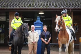 Police and Crime Commissioner, Rupert Matthews, and Mounted Volunteers Co-ordinator, PC Kelly Tones, with two of the new police horseback volunteers