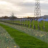 A computer image showing what the solar farm will look like on the planned Easthorpe solar farm, with Belvoir Castle in the background