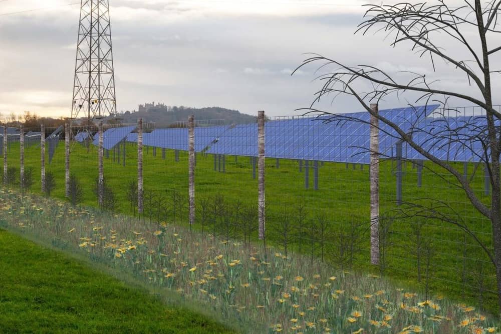 A computer image showing what the solar farm will look like on the planned Easthorpe solar farm, with Belvoir Castle in the background