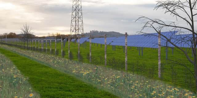 A computer image showing what the solar farm will look like on the planned Easthorpe solar farm, with Belvoir Castle in the background