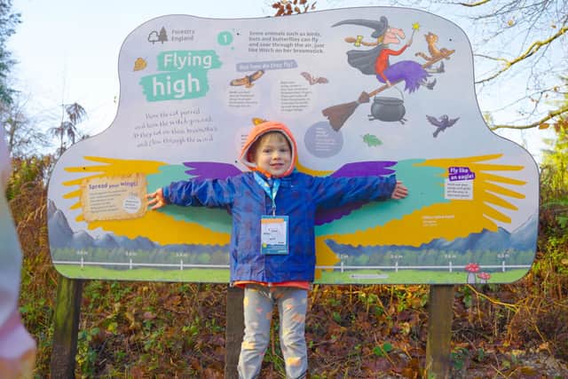 A child standing in front of a Flying High panel, comparing wing span
