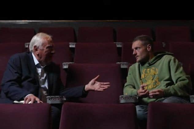 Jamie Vardy and Martin Tyler in conversation during the tribute at The Regal in Melton