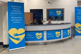 The welcome desk at East Midlands Airport to help Ukrainian people coming to Leicestershire and other parts of the midlands