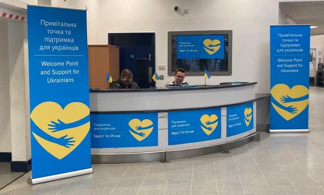 The welcome desk at East Midlands Airport to help Ukrainian people coming to Leicestershire and other parts of the midlands