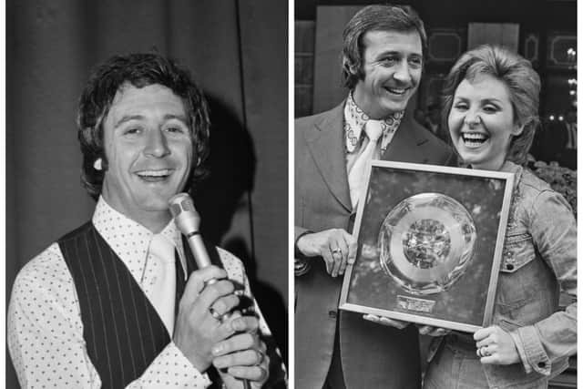 Tony Christie performing at the start of his career in the early 1970s and (right) pictured with fellow singer Lulu with one of his platinum discs