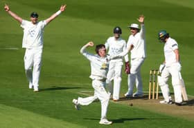 Sussex bowler Jack Carson celebrates the first-innings dismissal of Ben Green in his side's seven-wicket win over Leicestershire