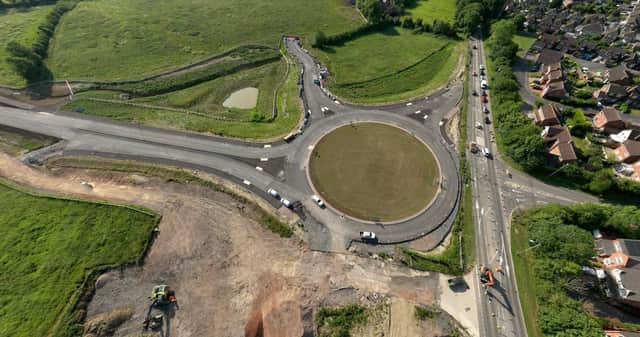 A recent drone photo showing roundabout 1, which links the A606 Nottingham Road to the North East Melton Mowbray Distributor Road route