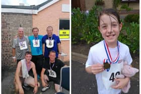 Competitors in the Hamilton fun (left) with nine-year-old Summer Burton who raised £300 in memory of her grandparents