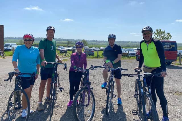 From left, Belvoir Cricket & Countryside Trust team members Emma Atkins, Neil Atkins, Claire Bicknell, Michael Cooke and Darren Bicknell pictured taking part in the Velo Belvoir sportive earlier this year as part of their training for Sunday's cycling and cricket challenge