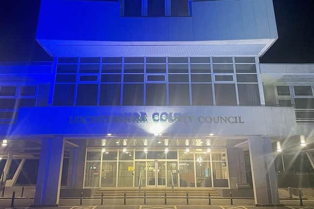 Leicestershire County Council's Glenfield HQ lit up in the colours of the Israel flag to show support for the victims of the Hamas attacks.