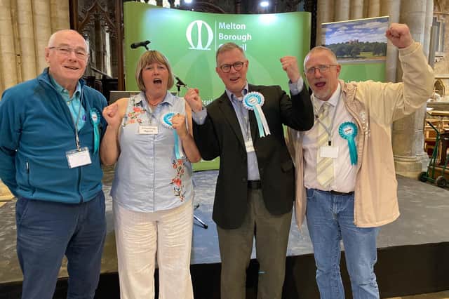 Andrew Innes (second from right) celebrates with Reform UK colleagues after winning the Melton East seat at May's Leicestershire County Council elections