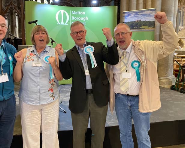 Andrew Innes (second from right) celebrates with Reform UK colleagues after winning the Melton East seat at May's Leicestershire County Council elections