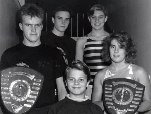 Some of the outstanding Melton Mowbray Swimming Club swimmers back in 1989, from left, back row - Ashley Reek, Faye Thompson; front Mark Howard (victor ludorum). Peter Nicholas and Rachel Tarry (victrix ludorum)