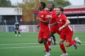 Melton Town celebrate a goal against Clipstone in the FA Vase.