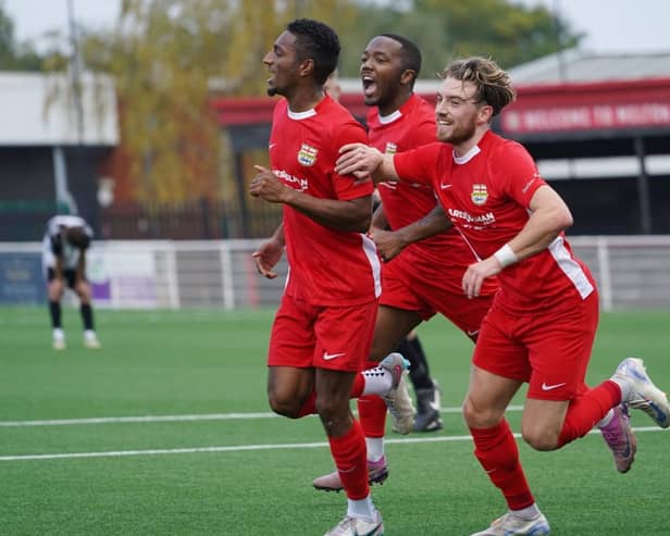Melton Town celebrate a goal against Clipstone in the FA Vase.