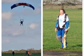 Trisha Enderby comes in to land at Langar Airfield after her skydive and (right) back on the ground and ready to celebrate with her family