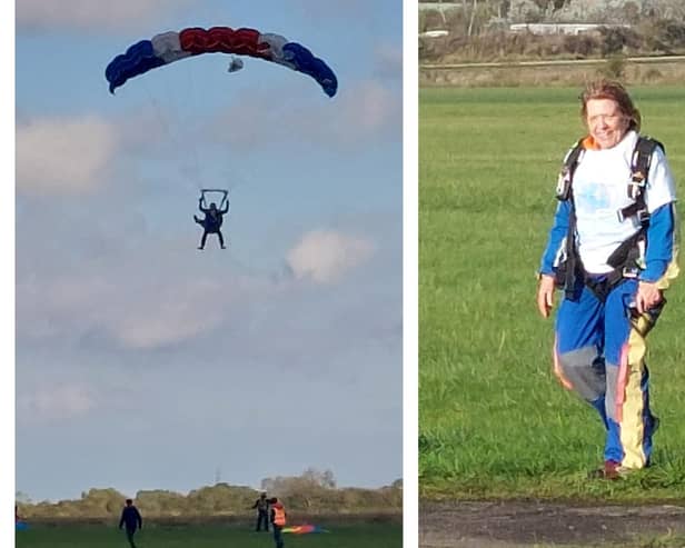 Trisha Enderby comes in to land at Langar Airfield after her skydive and (right) back on the ground and ready to celebrate with her family