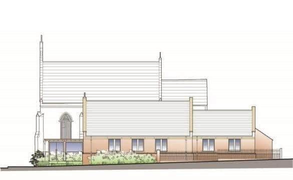 A drawing of what the new community hall will look like adjacent to St John The Baptist Church in Melton