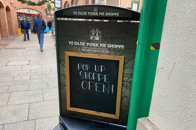 A sign outside the new pop-up shop in The Bell Centre where Ye Olde Pork Pie Shoppe is trading from while renovation work is done on the historic Melton shop premises
