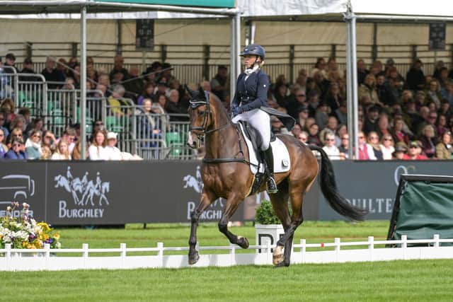 Emma Hyslop-Webb riding JEWEETWEL during the dressage phase of the Defender Burghley Horse Trials on Thursday