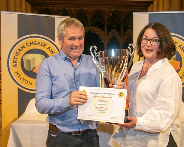 The Irish producers of Templegall (Hegarty Cheese) celebrate winning the Supreme Champion title at the Artisan Cheese Awards winners 2024