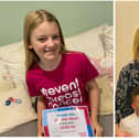 Graham and Katie Keast with their children, Sophia and Nathaniel; and (left) Sophia pictured after her fundraising swim for Prevent Breast Cancer