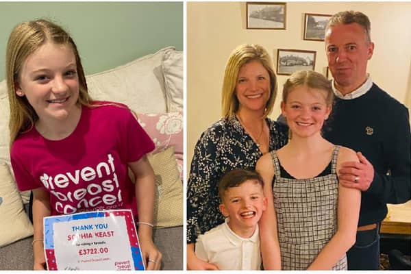 Graham and Katie Keast with their children, Sophia and Nathaniel; and (left) Sophia pictured after her fundraising swim for Prevent Breast Cancer