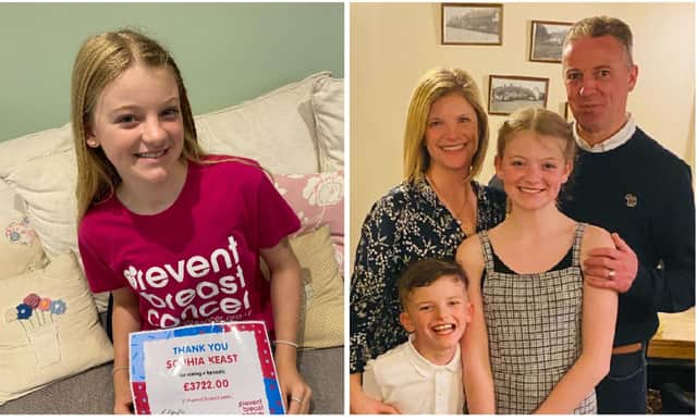 Graham and Katie Keast with their children, Sophia and Nathaniel; and (left) Sophia pictured after her fundraising swim for Prevent Breast Cancer