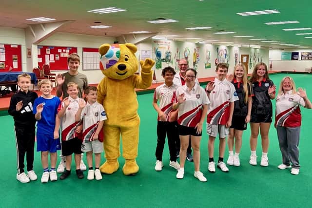 Pudsey pictured visiting Melton Indoor Bowls Club to meet some of the players PHOTO Paul Warrington