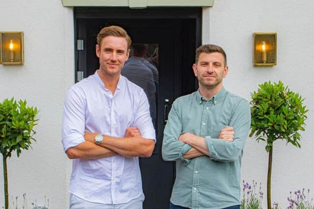 Former England cricket stars Stuart Broad and Harry Gurney outside award-winning Tap & Run pub