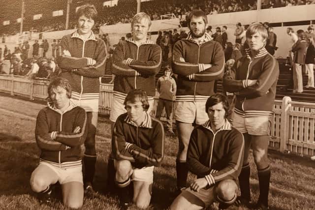 Mike Marshall (back row, second from right) pictured before a Leicester Tigers RFC match, alongside Peter Wheeler, a future England skipper