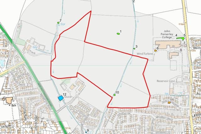 The site (bound in red) off Nottingham Road, where 290 new homes are earmarked on the old Sysonby Farm on the outskirts of Melton Mowbray
