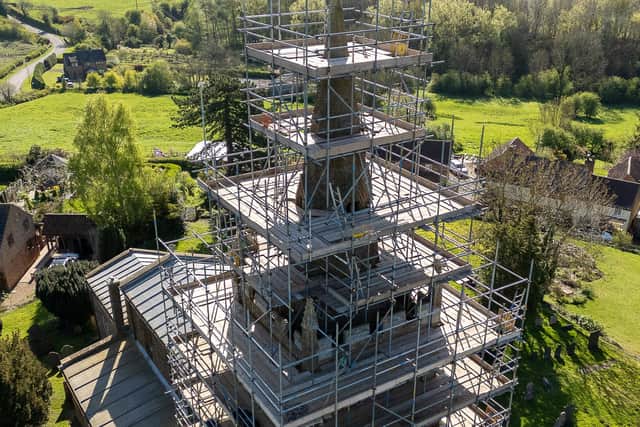 Work taking place on the historically important church tower at Eaton DRONE PIC: Melton and around from ABOVE Steely DRONE