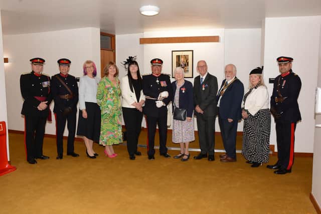 From left, Vice Lord-Lieutenant, Colonel Murray Colville. Dave Andrews DL. Alison Smith MBE DL, Christine Gatfield BEM, Beverley Greenwood BEM, Lord-Lieutenant, Mike Kapur OBE CStJ, Coral Kelham BEM, Henry Lillystone BEM, Chairman of Leicestershire County Council, Dr Kevin Feltham CC, Susan Whelan OBE DL, Riaz Ravat BEM DL