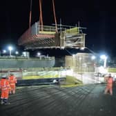 The giant rail bridge for Melton bypass being dropped over the track at Lag Lane