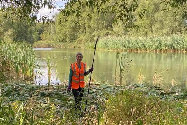 Friends of Melton Country Park volunteers cutting reeds near the bird hide