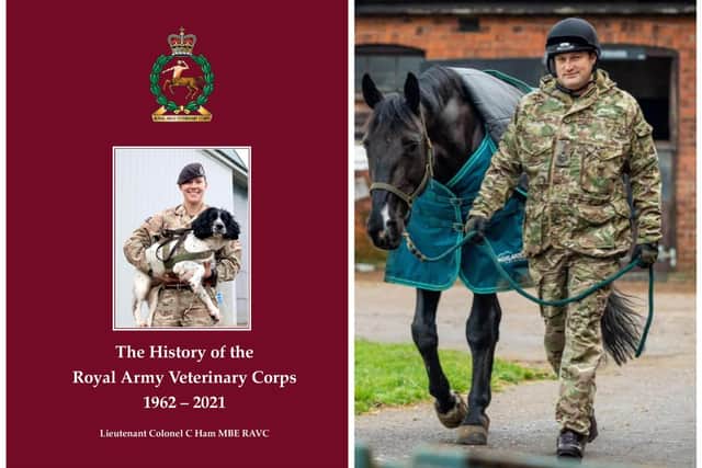 The front cover of the new book about the history of the RAVC and (right) a military horse is exercised at Melton's Remount Barracks