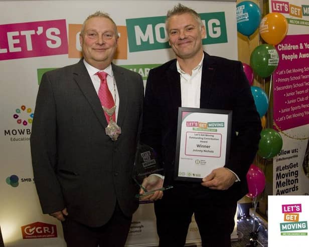 Outstanding contribution winner Johnny Nicol with deputy mayor, Councillor Tim Webster at the Let's Get Moving Melton Awards 2023