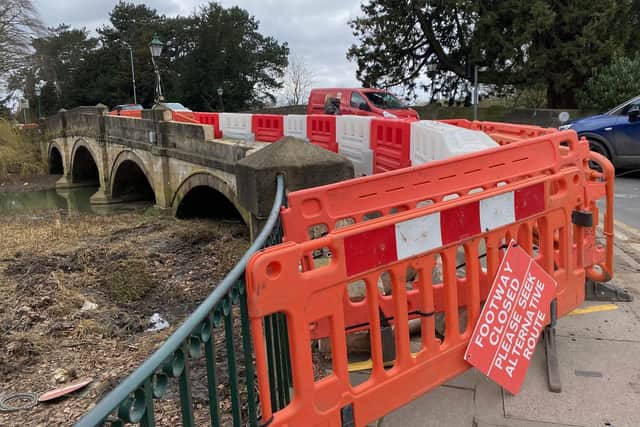 The patched up Lady Wilton Bridge in Melton Mowbray which is still awaiting repairs