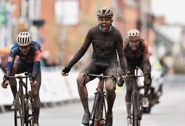 A mud-spattered Ben Marsh wins the Junior CiCLE Classic in Melton last year PHOTO BRITISH CYCLING