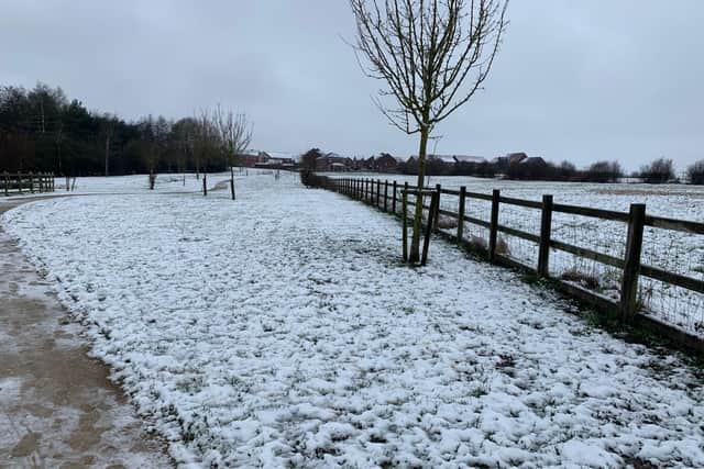 A snowy scene near Melton Country Park this afternoon