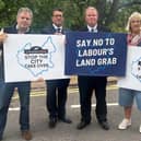 From left, Edward Argar MP, Syston Ridgeway county councillot Simon Bradshaw, Syston Fosse county councillor James Poland and Thurmaston county county Brenda Seaton at a County Hall protest in August against plans for local government reorganisation