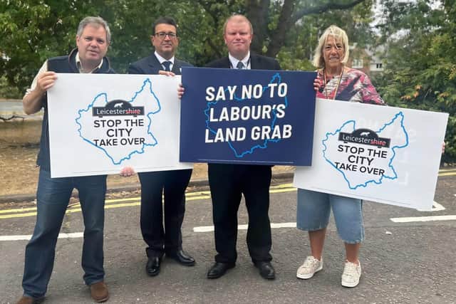 From left, Edward Argar MP, Syston Ridgeway county councillot Simon Bradshaw, Syston Fosse county councillor James Poland and Thurmaston county county Brenda Seaton at a County Hall protest in August against plans for local government reorganisation