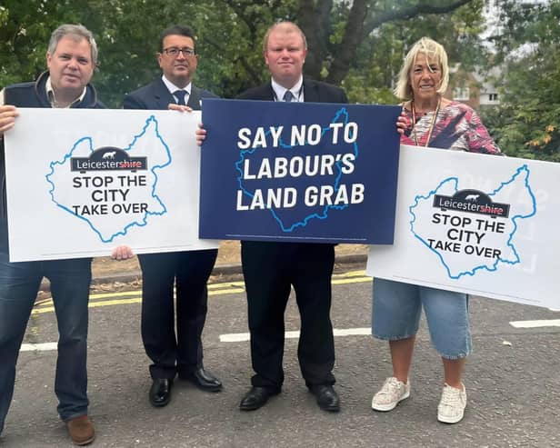 From left, Edward Argar MP, Syston Ridgeway county councillot Simon Bradshaw, Syston Fosse county councillor James Poland and Thurmaston county county Brenda Seaton at a County Hall protest in August against plans for local government reorganisation